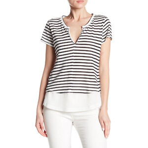 Sanctuary Women Striped Split Neck T-Shirt White Size L